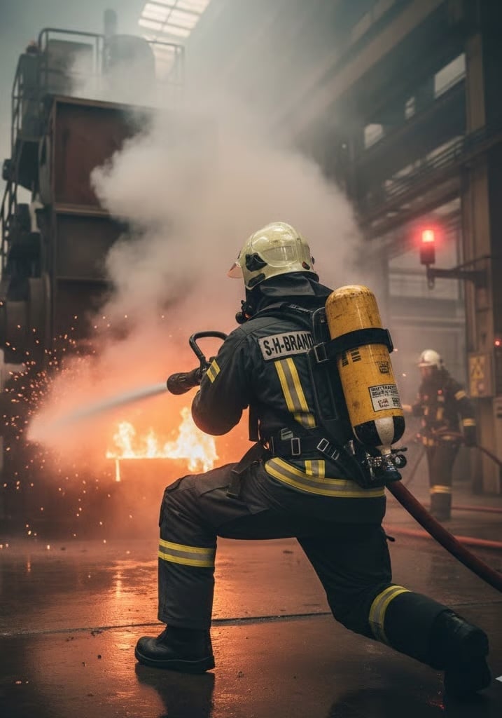 Feuerwehrmann im Einsatz beim Löschen eines Brandes in einer Industriehalle