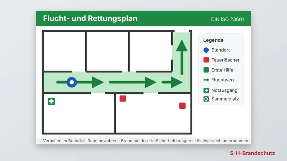 Illustration: Flucht- und Rettungsplan mit grünem Fluchtweg, Standortmarkierung und Legende