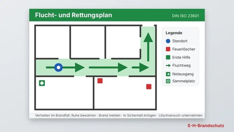 Illustration: Flucht- und Rettungsplan mit grünem Fluchtweg, Standortmarkierung und Legende