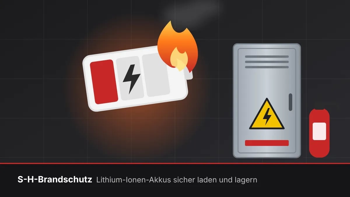 Illustration: brennender Lithium-Ionen-Akku neben Akku-Sicherheitsschrank und Feuerlöscher